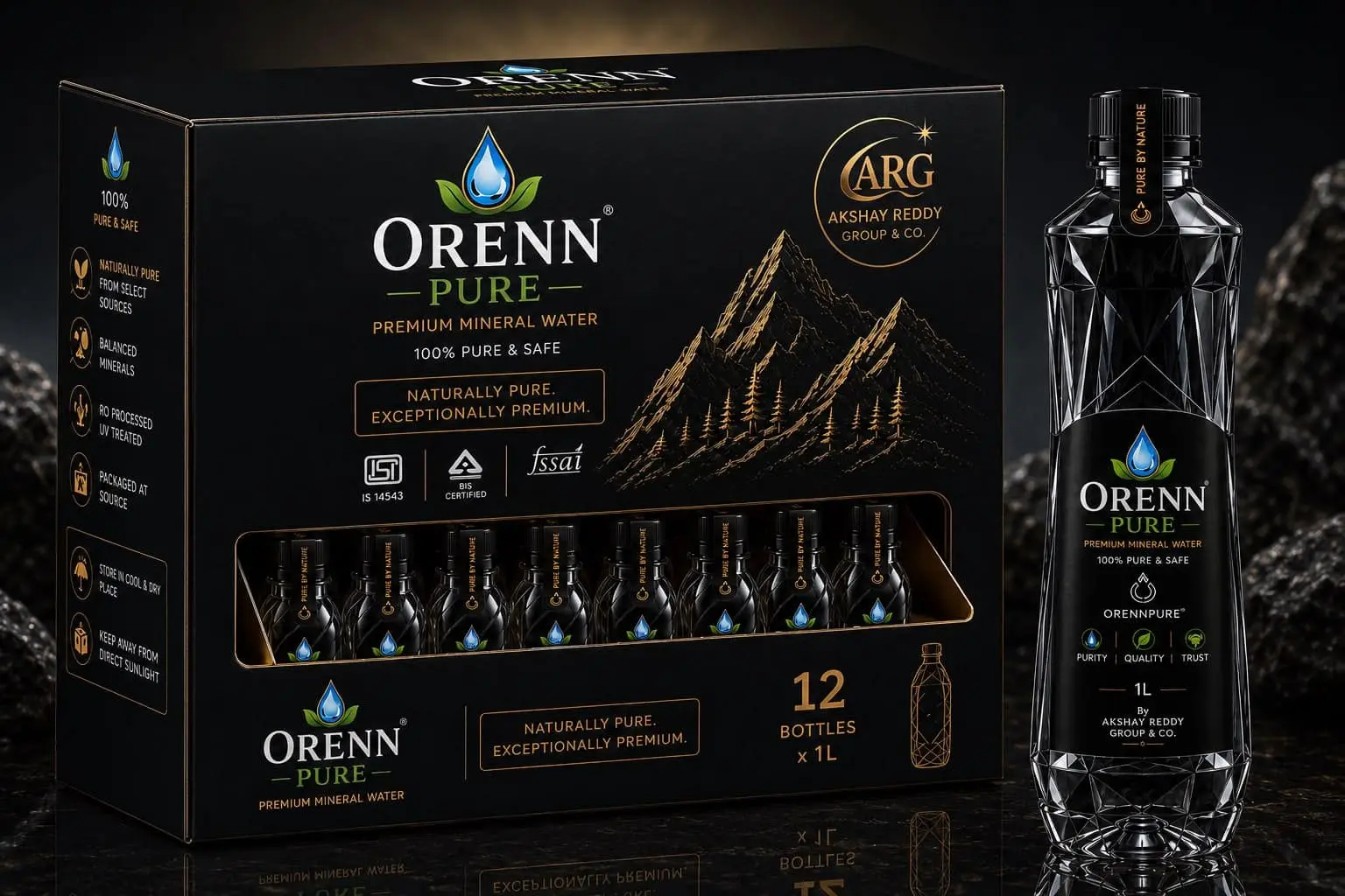 ORENN PURE Premium Mineral Water – 1 L (Rpet Bottle | Pack of 12)