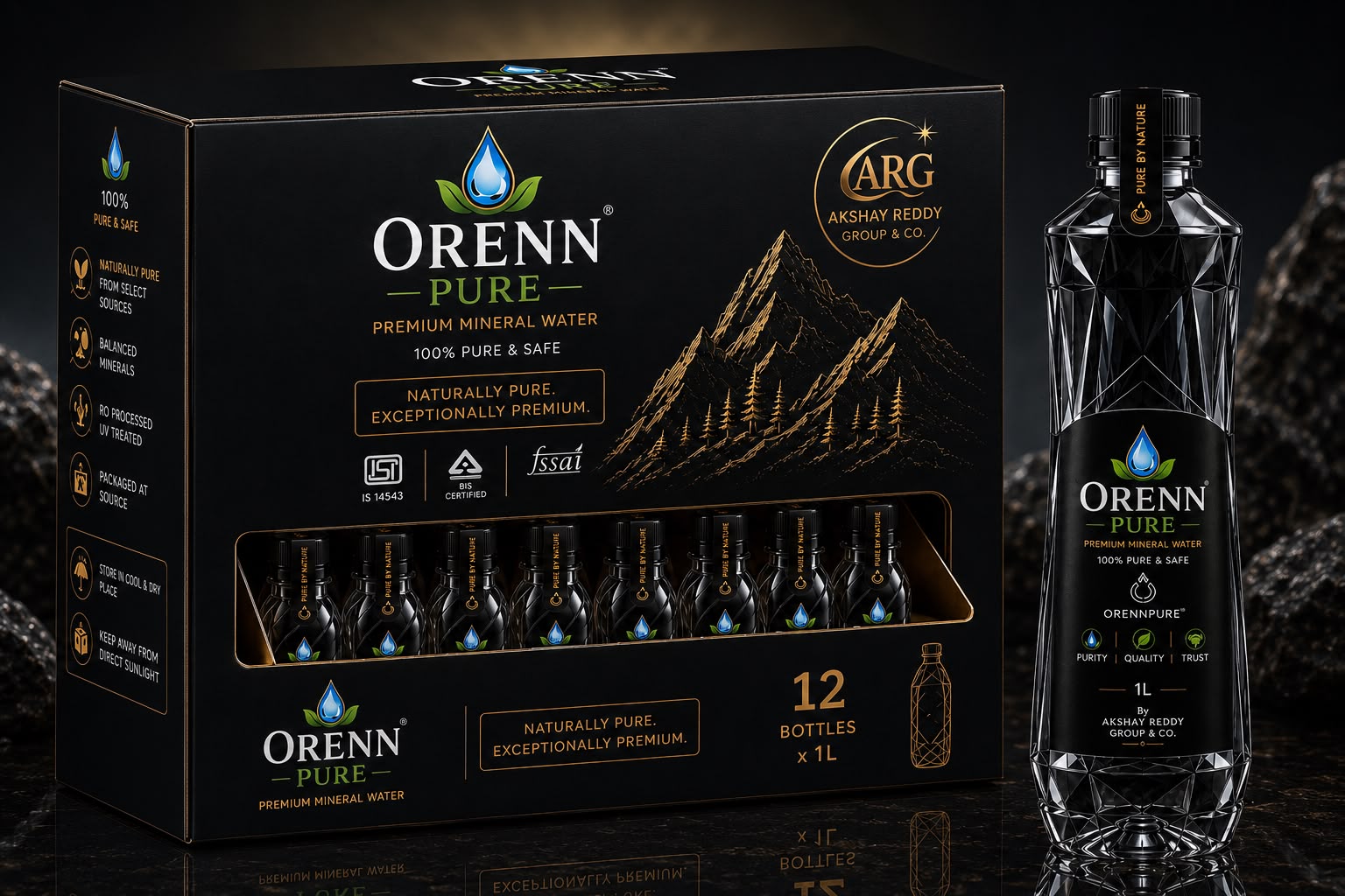 ORENN PURE Premium Mineral Water – 1 L (Rpet Bottle | Pack of 12)