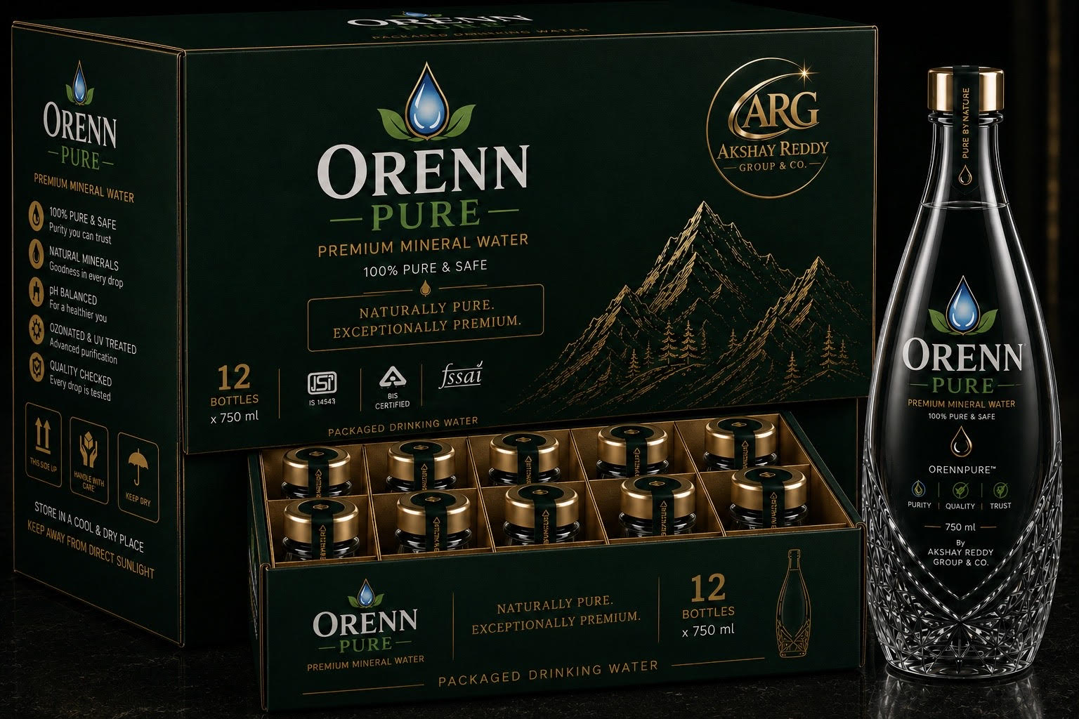 Orenn Pure Premium Mineral Water 750 ml (Premium Glass Bottle | Pack of 12)