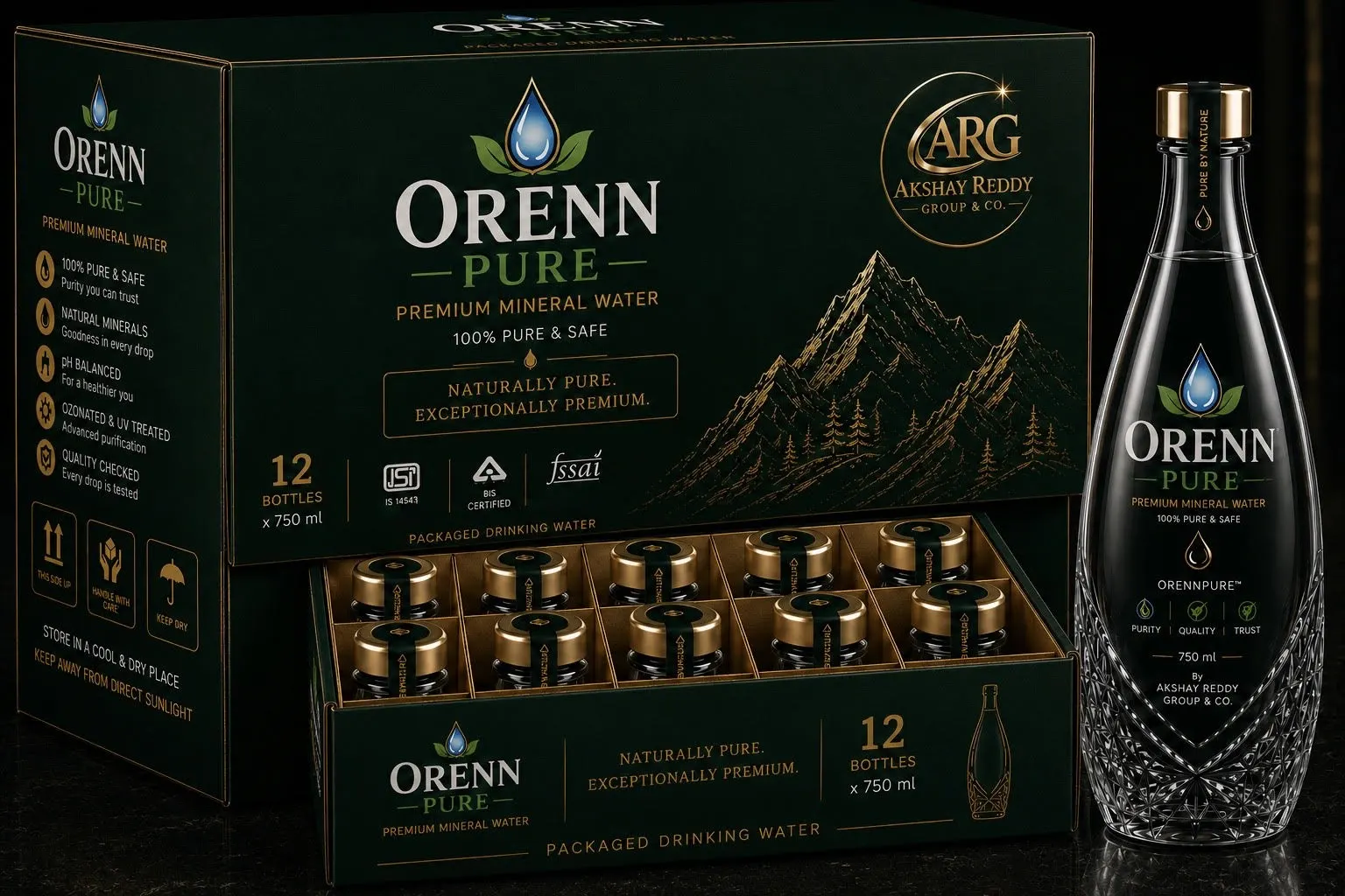 Orenn Pure Premium Mineral Water 750 ml (Premium Glass Bottle | Pack of 12)